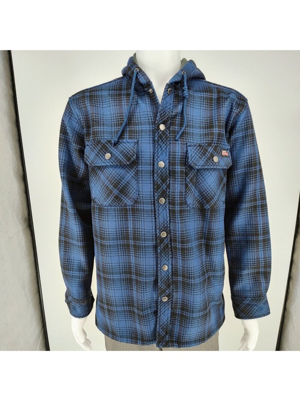 Dickies Men's Blue Plaid Fleece-Lined Canvas Hooded Shirt Jacket (S 34-36)